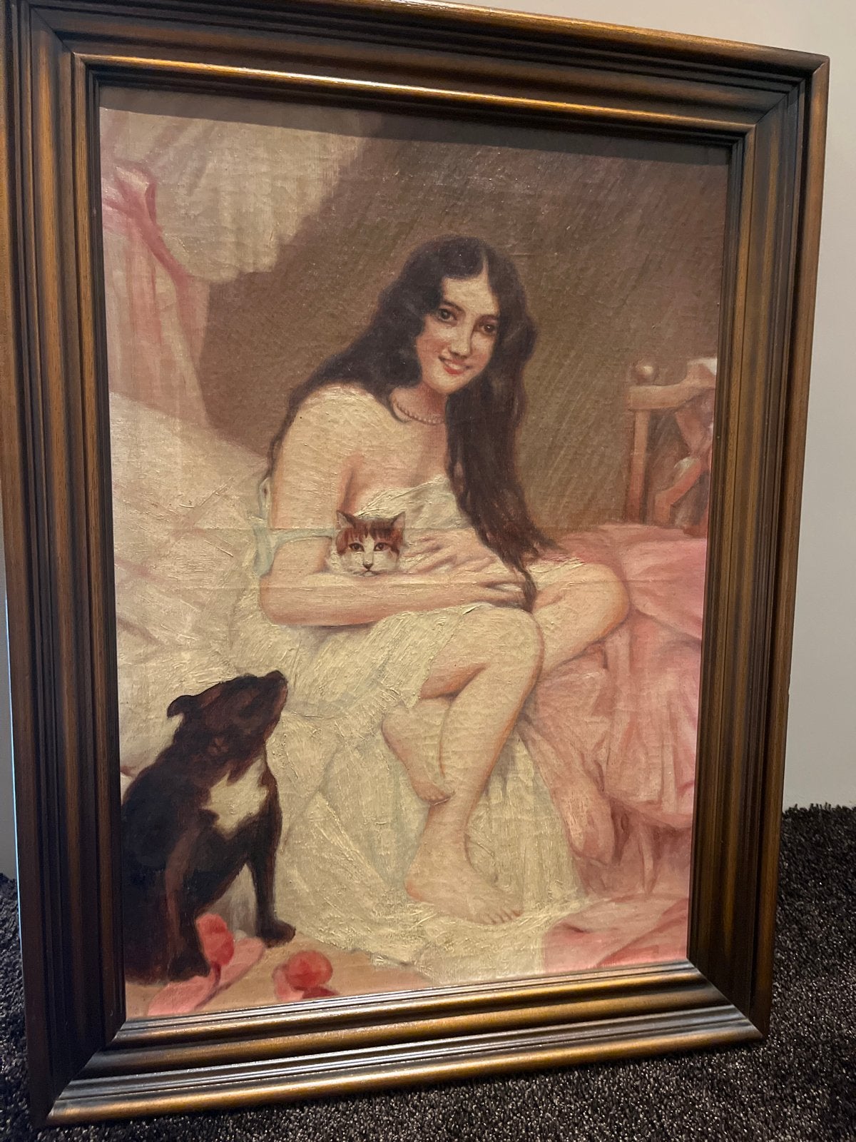 Schilderij Vrouw met Kat en Hond - Doek 50 x 35 cm, Antiek en Kunst, Kunst | Schilderijen | Klassiek, Doek, Portret of Personen