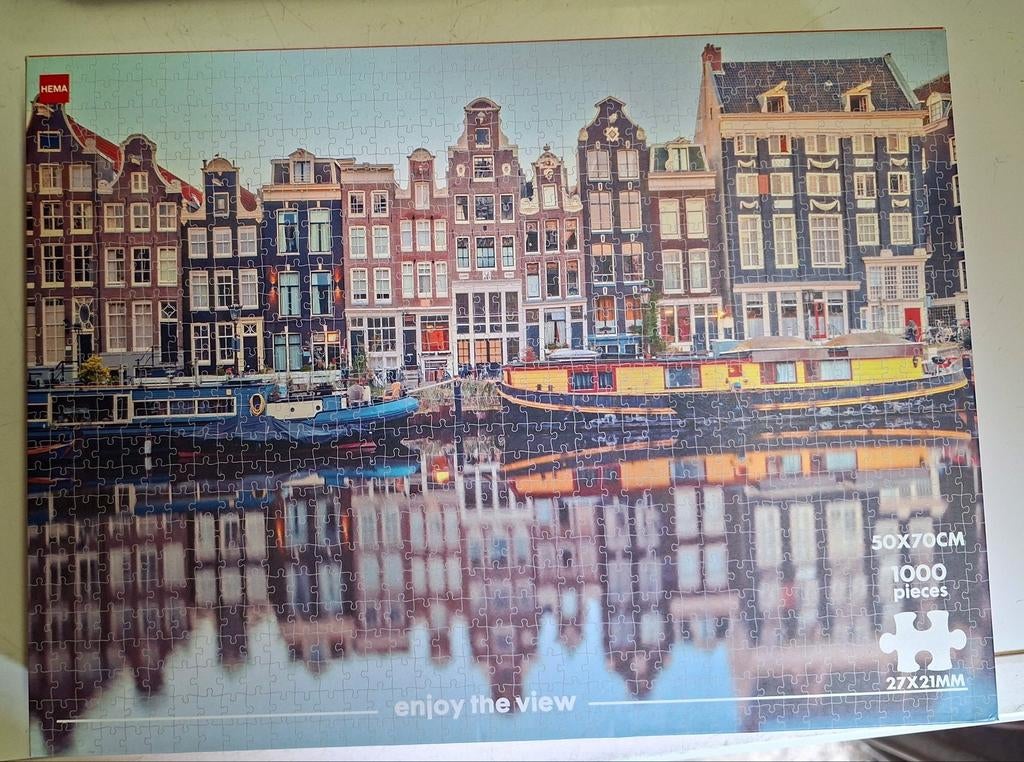 Hema Puzzel Amsterdam Grachtenpandjes 1000 stukjes, Hobby en Vrije tijd, Denksport en Puzzels, Ophalen of Verzenden, 500 t/m 1500 stukjes
