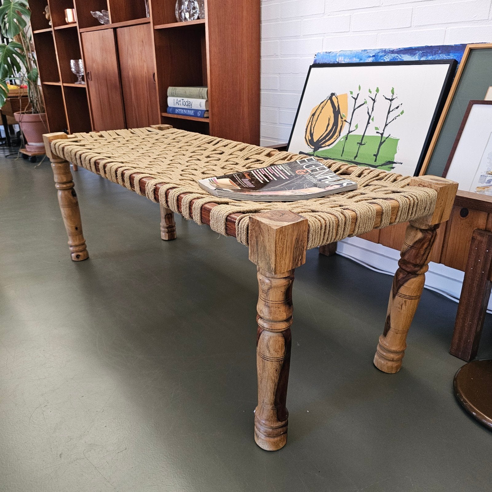 Vintage boho touw bankje / sidetable (Marokkaans?), Ophalen