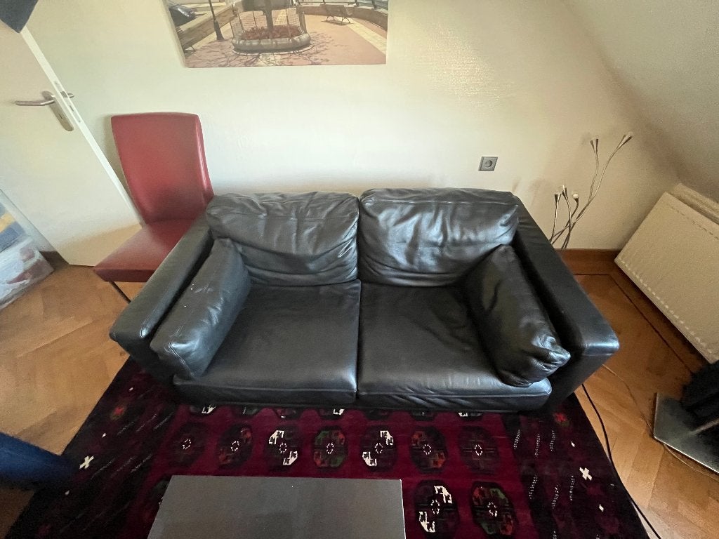 Zwarte leren 2-zits bank – 160x90 cm, Ophalen, Gebruikt, 150 tot 200 cm, Tweepersoons