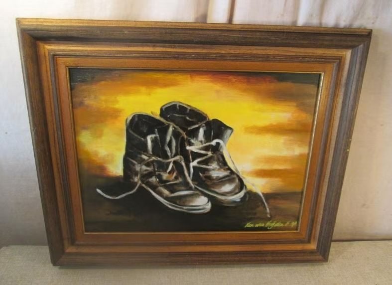 Mooi Geschilderd Werk 'Oude Schoenen' - Van der heijden, Antiek en Kunst, Paneel, Stilleven, Ophalen of Verzenden, Gesigneerd