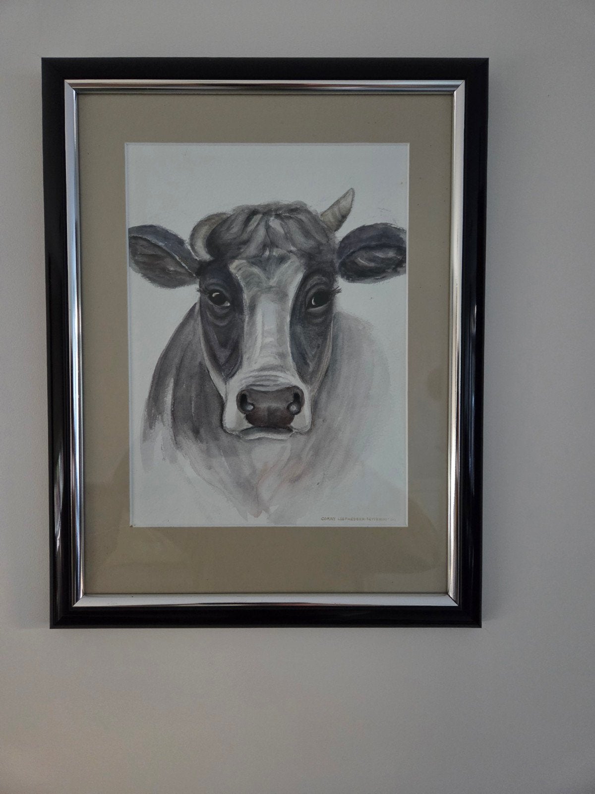 Ingelijste aquarel van een koe door Corry Liefhebber, Antiek en Kunst, Realistisch, Dieren, Ophalen of Verzenden, Gesigneerd