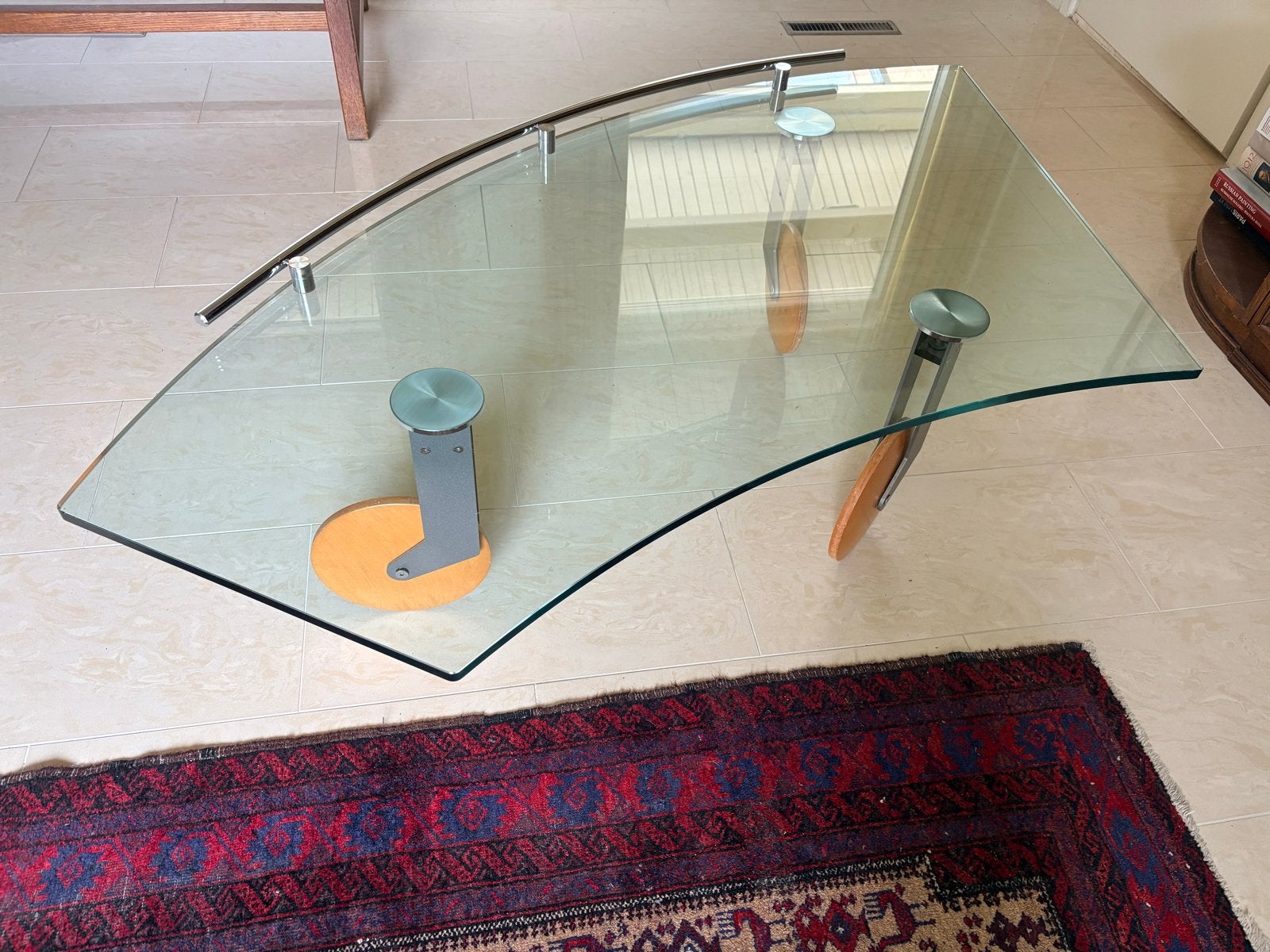 Glazen salontafel met houten wielen, Ophalen, Gebruikt, 100 tot 150 cm, Glas