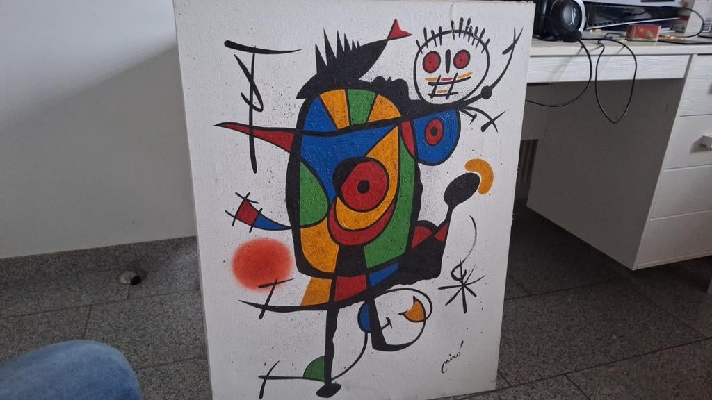 Kleurrijk schilderij in de stijl van Miró, Antiek en Kunst, Ophalen of Verzenden