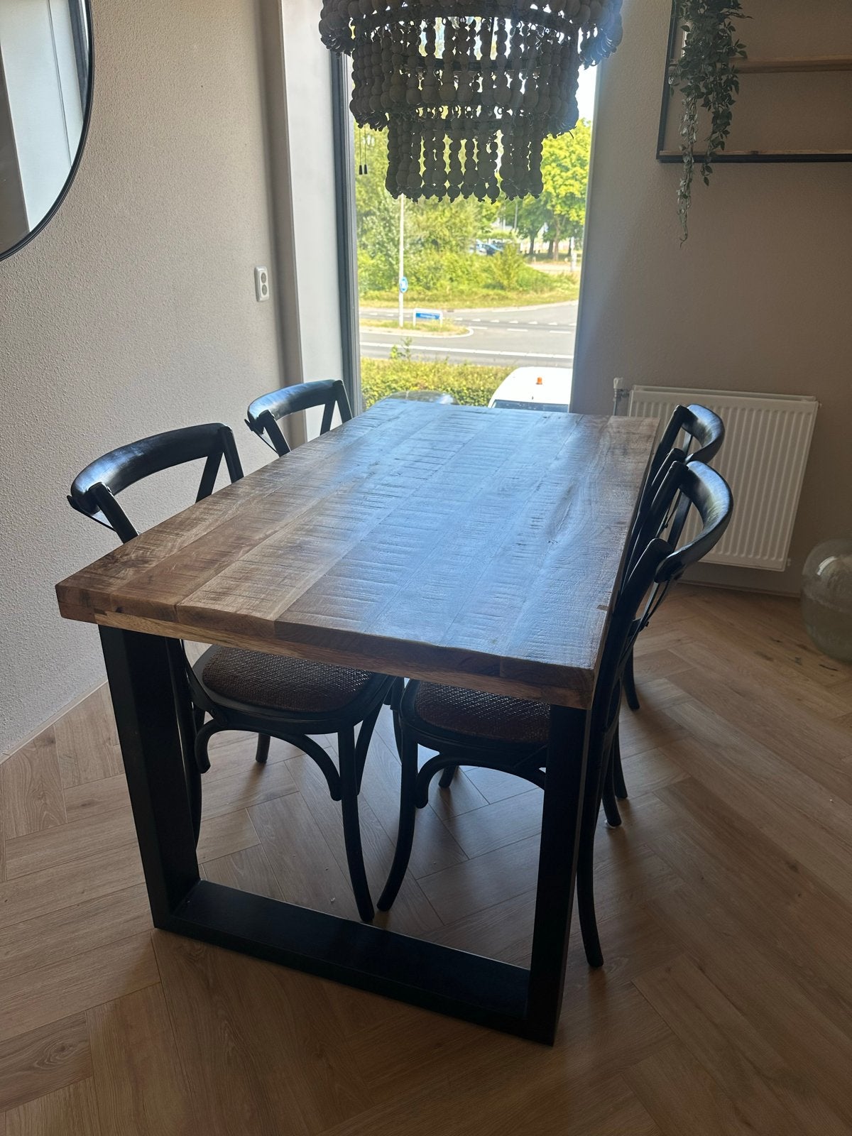 Mangohouten eettafel met 4 vintage stoelen, Ophalen, Gebruikt, 100 tot 150 cm, 50 tot 100 cm