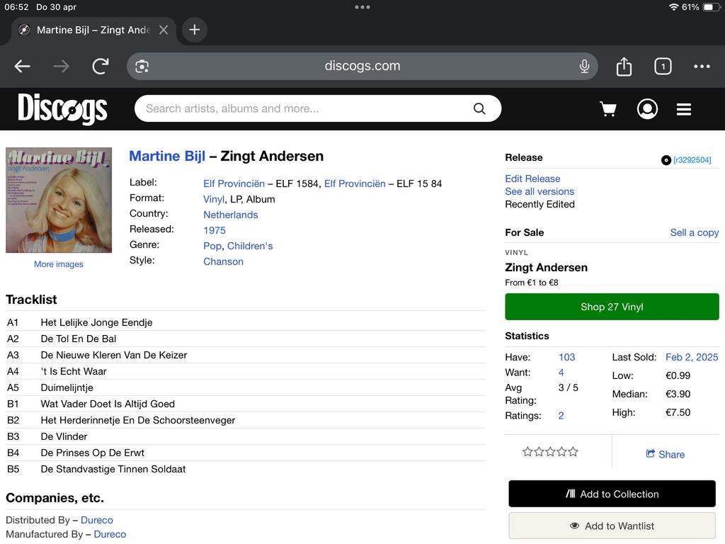LP MARTINE BIJL ZINGT ANDERSEN, 1975, Ophalen of Verzenden, Zo goed als nieuw, 12 inch, Levenslied of Smartlap