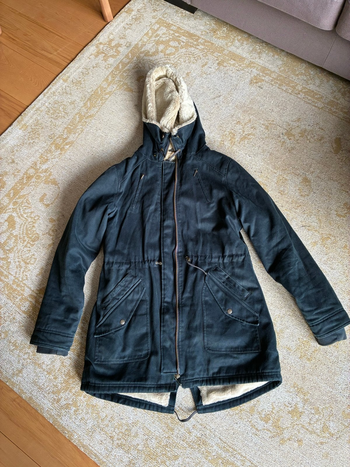 Blauwe HoodLamb winterjas met teddy voering - Maat L, Blauw, Maat 42/44 (L), Ophalen of Verzenden, Gedragen
