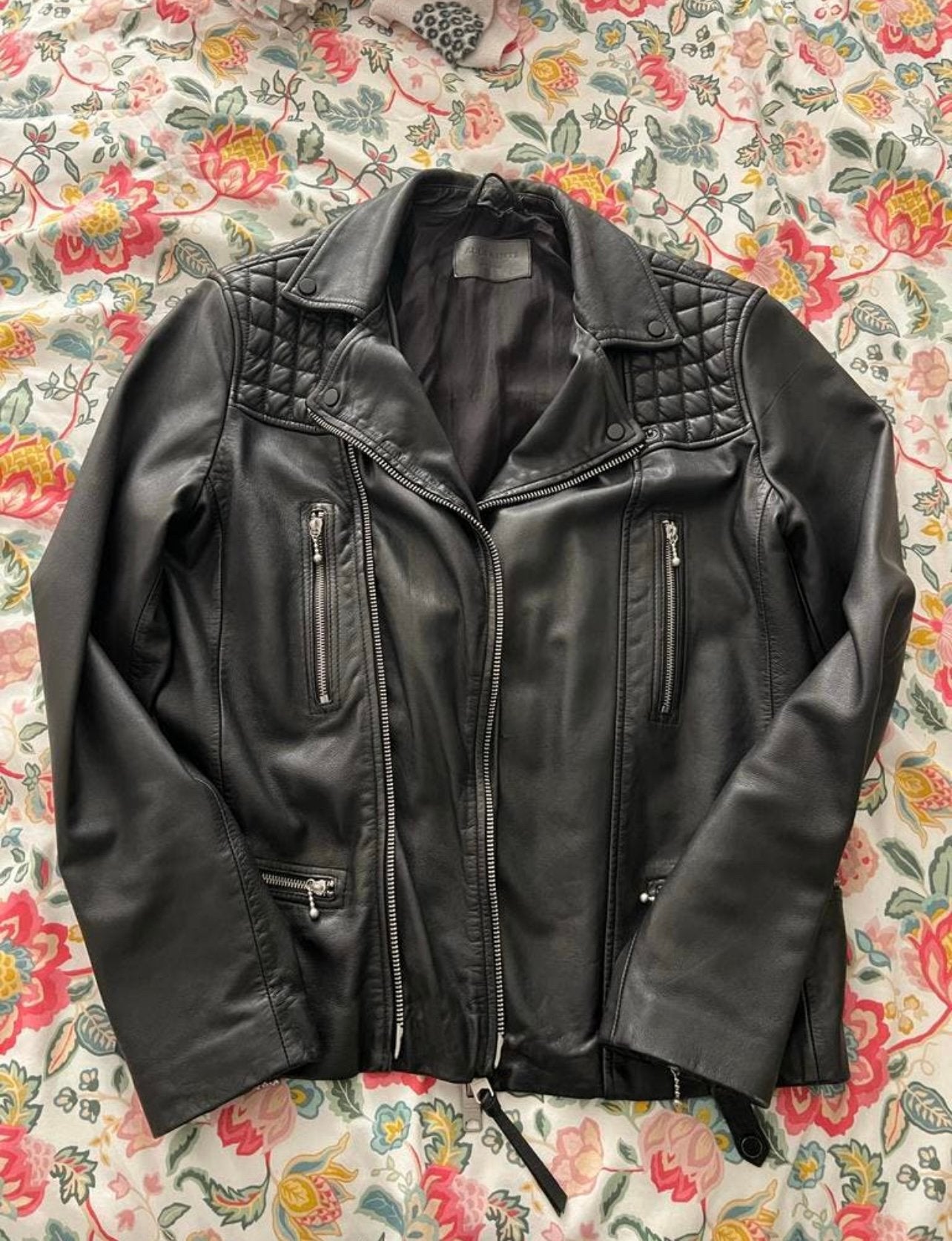 AllSaints Black Leather Biker Jacket – Size M – Lamb Leather, Kleding | Heren, Jassen | Zomer, Ophalen, Zo goed als nieuw, Maat 48/50 (M)
