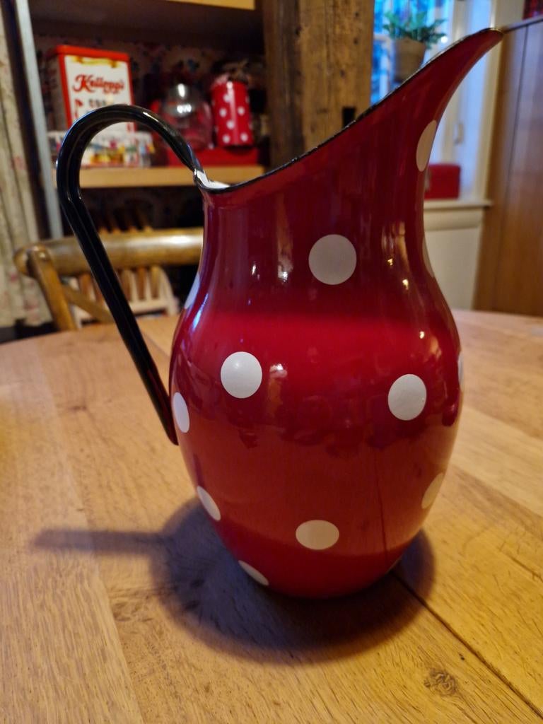 BROCANTE ROOD MET WITTE STIPPEN 🍄 POLKADOT EMAILLE KAN, Antiek en Kunst, Antiek | Emaille, Ophalen of Verzenden