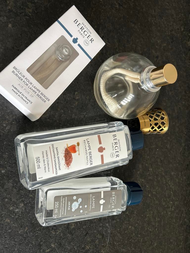 Maison Berger Lampe Starterset met navullingen en extra lont, Ophalen of Verzenden, Zo goed als nieuw, Glas, Klassiek