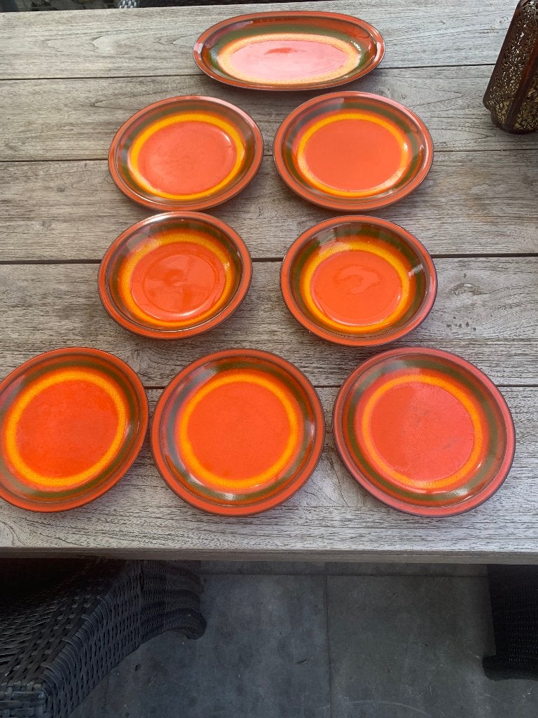 Furstenberg borden oranje keramiek 8 stuks vintage, Ophalen, Gebruikt, Overige merken, Keramiek