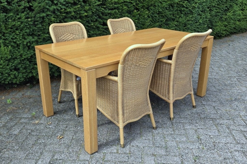 Eettafel + 4 eetkamerstoelen eikenhout rotan 180 x 90 cm., Huis en Inrichting, Ophalen, Gebruikt, Bruin, Hout