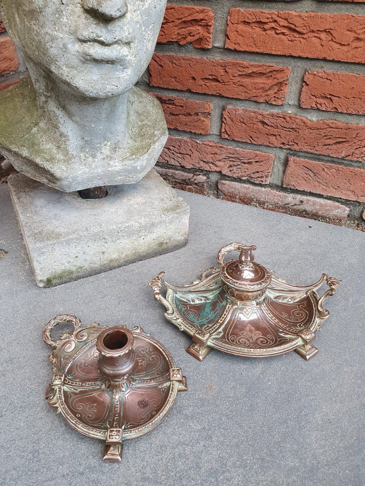 Prachtige set Antieke 18e eeuws inktstel & kaarsenstandaard, Ophalen of Verzenden, Brons