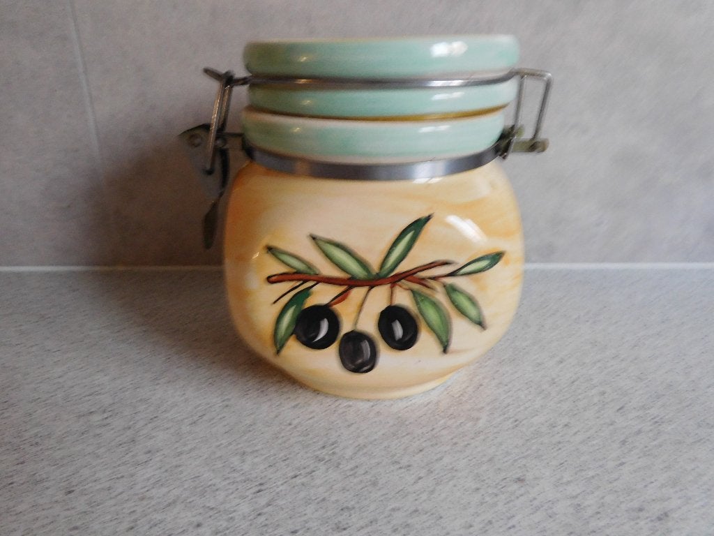 Voorraadpot 14x12 cm. Olive Beugelsluiting, Geel, Ophalen of Verzenden, Zo goed als nieuw, Voorraadpot