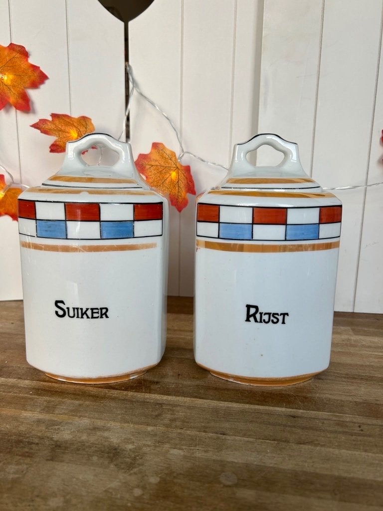Vintage porseleinen voorraadpotten - Suiker & Rijst, Ophalen of Verzenden
