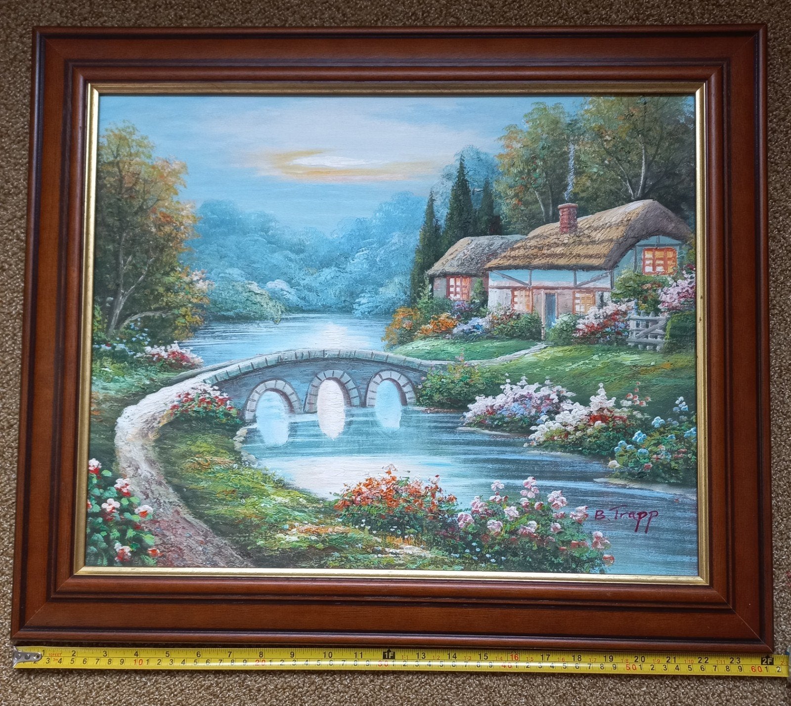 Schilderij B. Trapp - Romantisch landschap met brug en huis, Ophalen of Verzenden