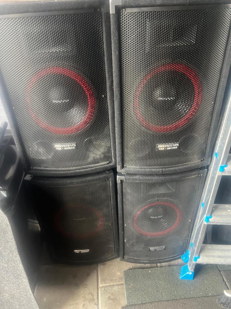 4 JB Systems TSX speakers + speakerstatieven, Audio, Tv en Foto, Luidsprekers, Zo goed als nieuw, 120 watt of meer, Front, Rear of Stereo speakers