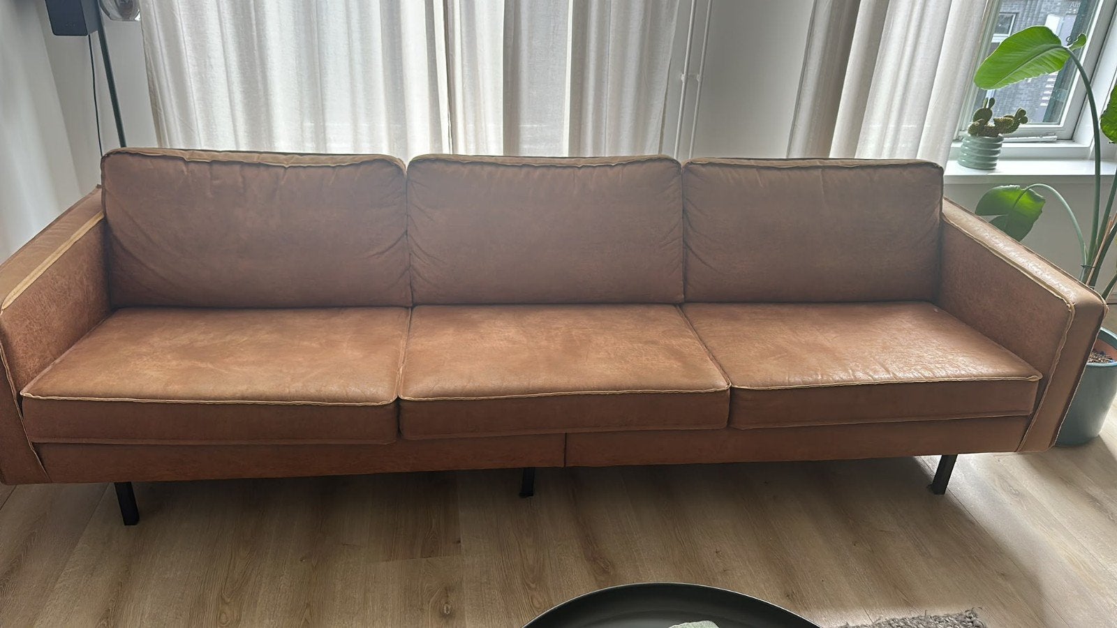 Cognac leren bank met fauteuil, Huis en Inrichting, Ophalen, Driepersoons, 75 tot 100 cm, Zo goed als nieuw
