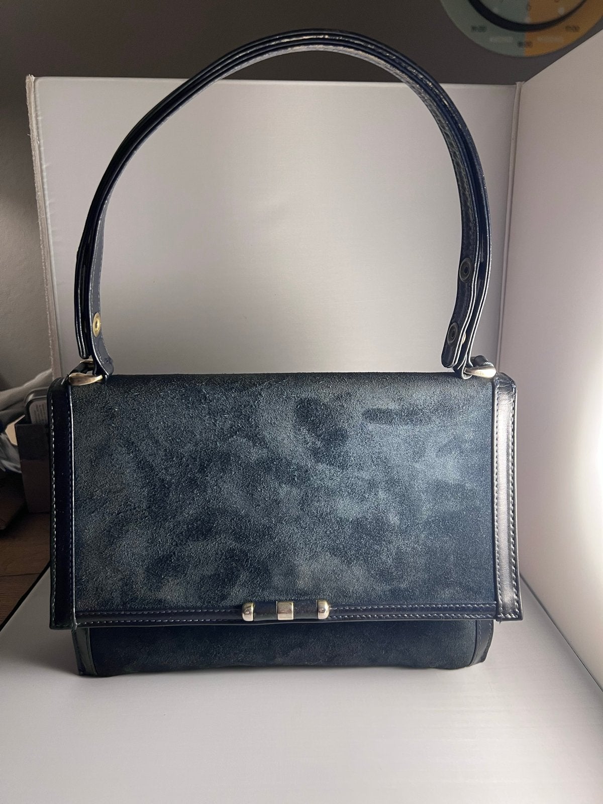 Vintage Donkerblauwe suède handtas - 28x20 cm, Ophalen of Verzenden, Gebruikt, Blauw, Handtas