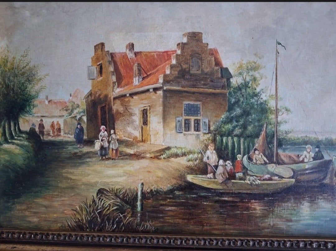 Oud Hollands Tafereel: Dorpsgezicht aan het Water, Ophalen, Paneel, Oud hollands, Bijzondere lijst