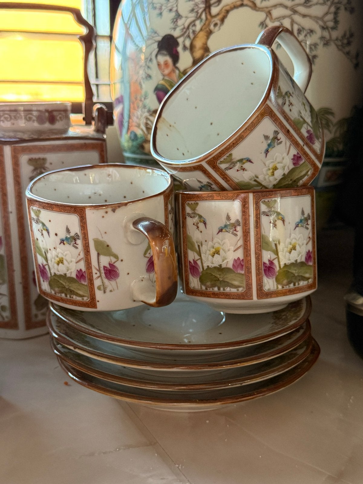 Vintage Chinees theeservies met vogels en waterlelies, Antiek en Kunst, Ophalen