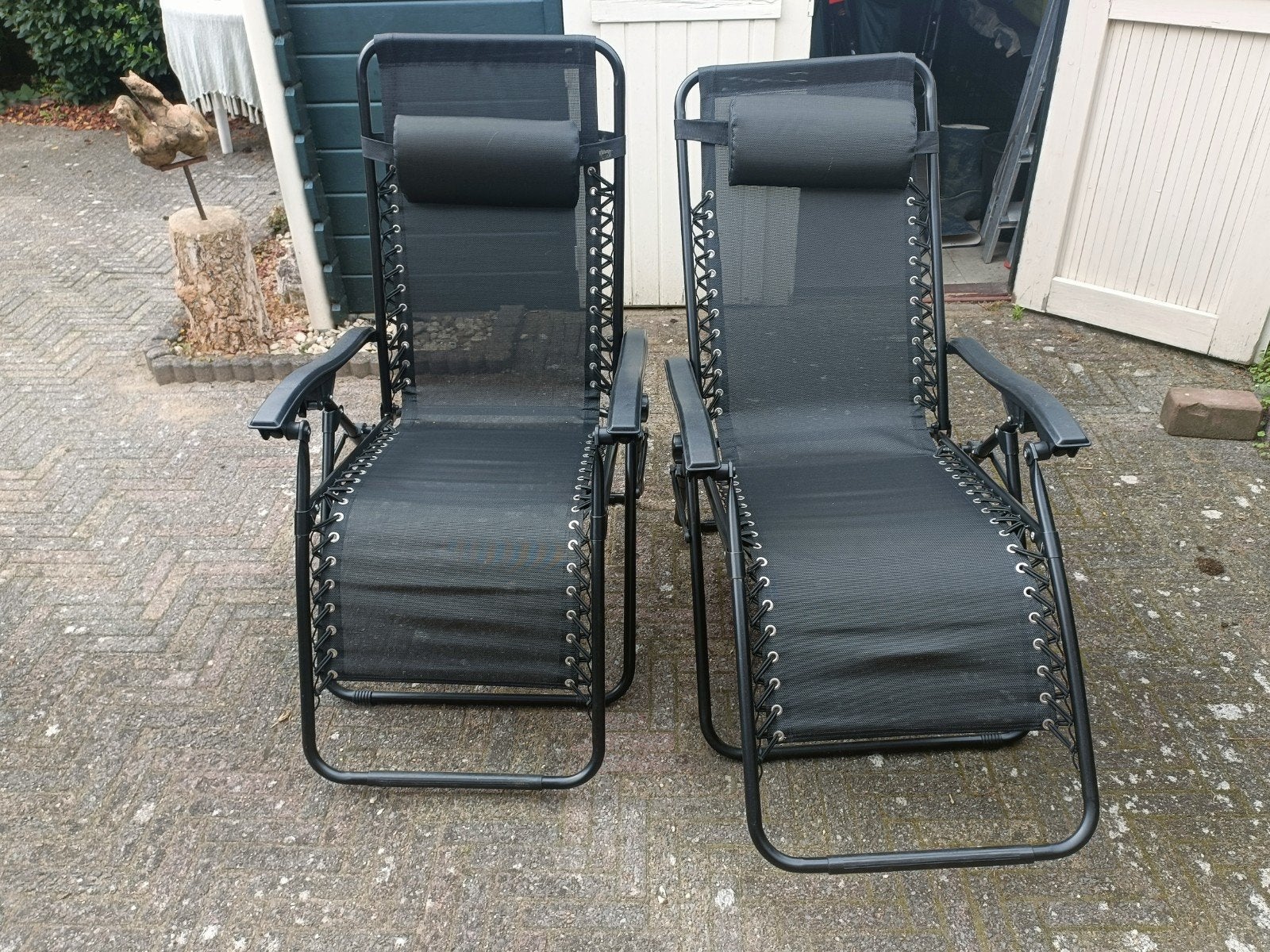 2x Verstelbare Relaxstoelen - Zwart Metaal en Textileen, Ophalen, Gebruikt, Metaal, Verstelbaar