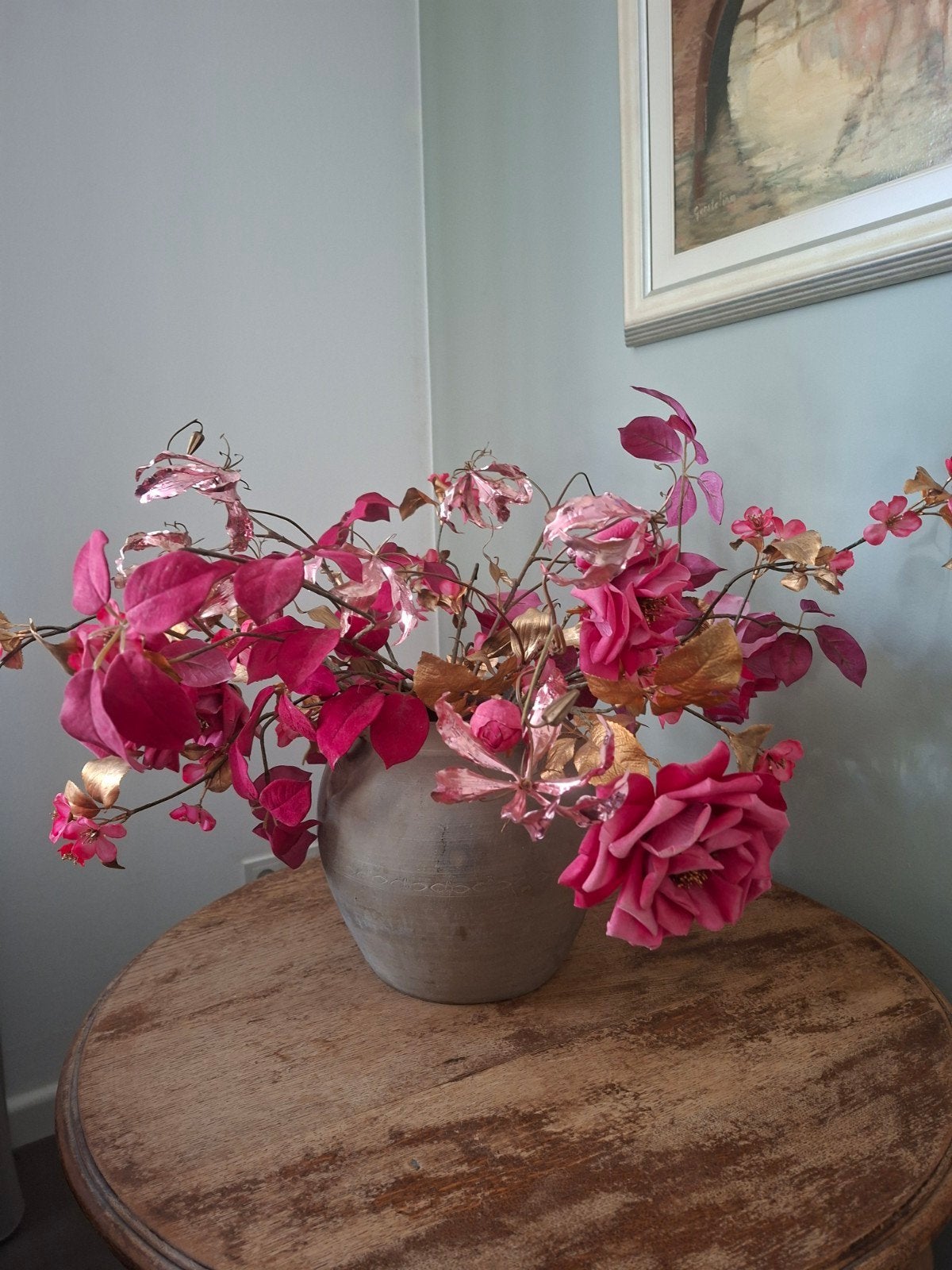 Landelijke kruik met kunstbloemen Silka, Ophalen, Zo goed als nieuw