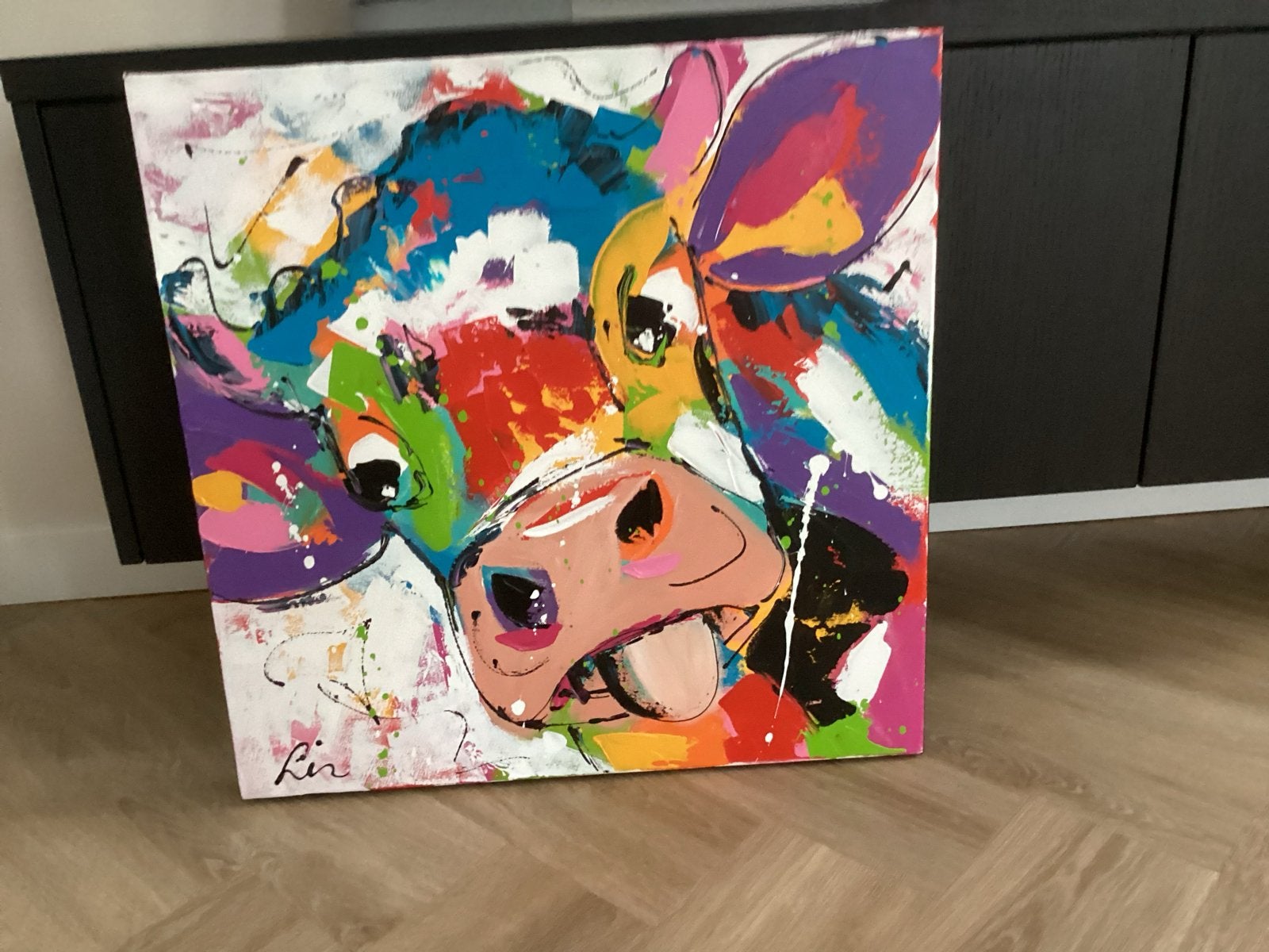 Vrolijke koe schilderij - Liz - 60x60 cm origineel, Ophalen, Acrylverf, Handgeschilderd, Dieren