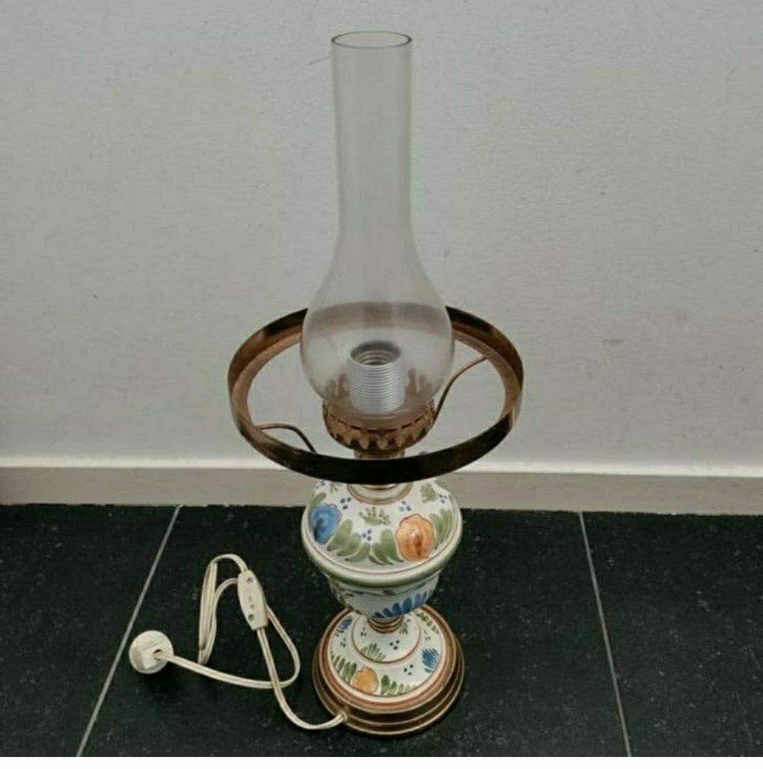 Lamp,Petroleumlamp,1960,elektrisch,Kelkglas,mid-century, Vintage, Met schakelaar, Ophalen of Verzenden, Glas