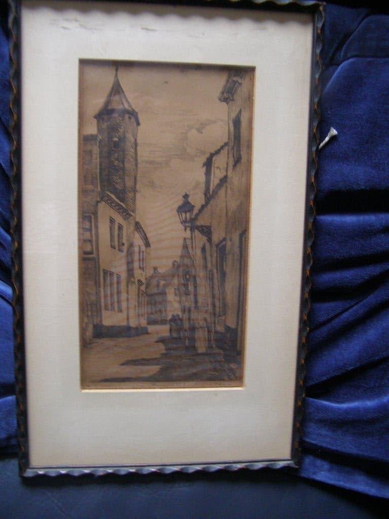 ets van Amersfoort de Muurhuizen met Dieventoren gesigneerd, 25 cm, Ets, Stadsgezicht, Ophalen of Verzenden