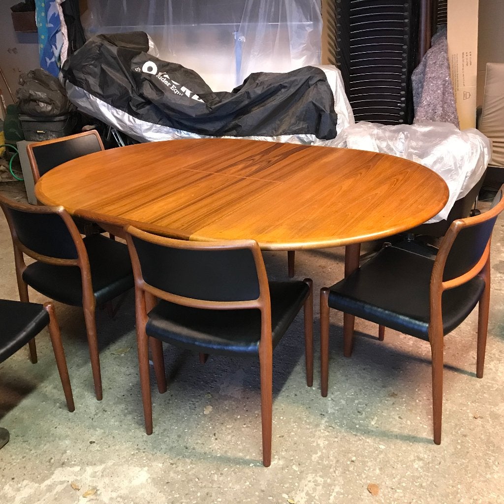 6 stoelen en tafel Hans Olsen Frem Rojle vintage, Ophalen, Gebruikt, Bruin, Nvt