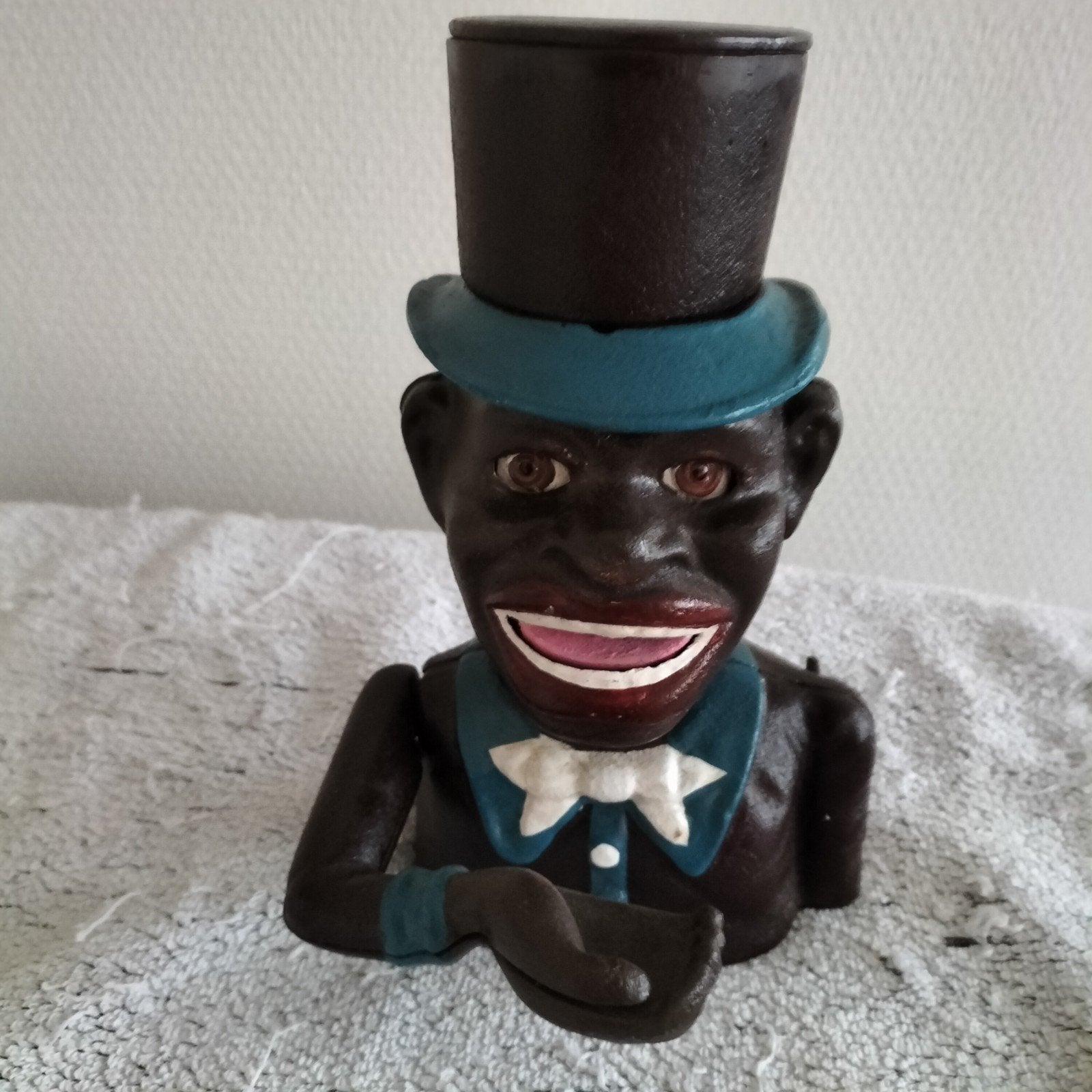 Antieke Jolly Nigger Bank spaarpot, gietijzer, Verzamelen, Spaarpotten, Ophalen of Verzenden, Gebruikt, Metaal of Blik, Overige thema's