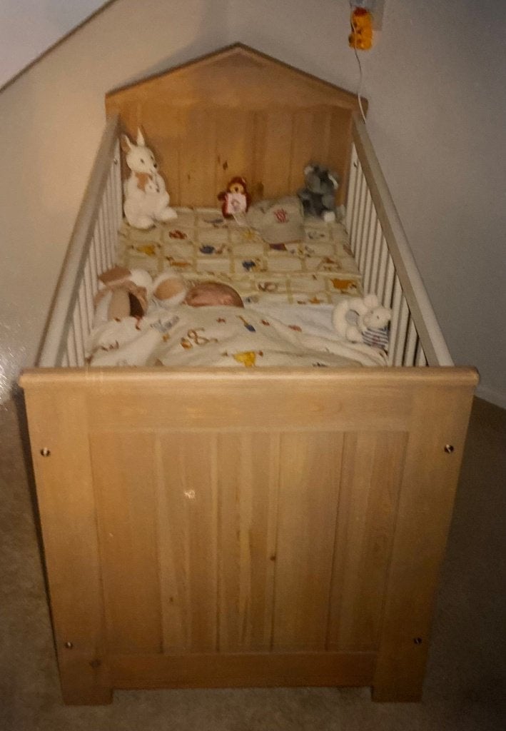 Ledikant bed voor baby in hout en crème, Ophalen, Gebruikt, 50 tot 70 cm, 105 cm of meer