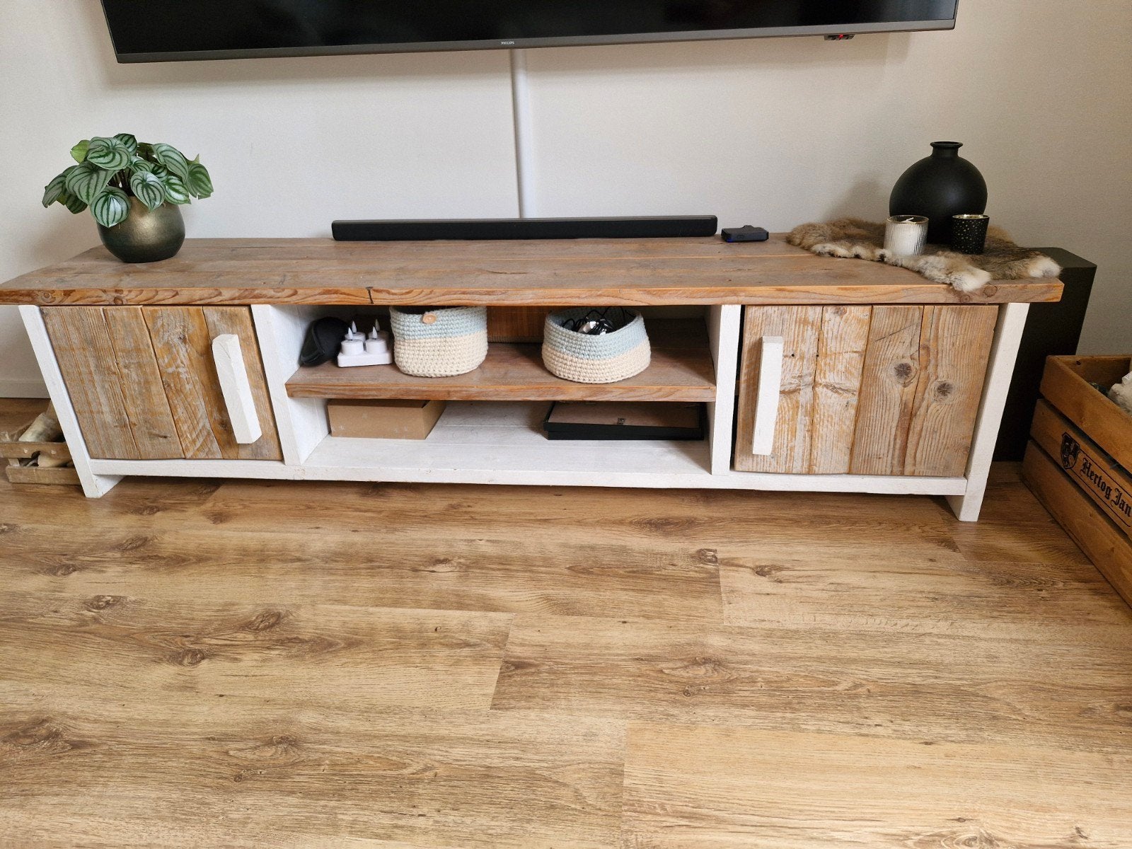 steigerhouten TV-meubel * TEAB, Ophalen, Landelijk, Industrieel, Rustiek, 150 tot 200 cm, Zo goed als nieuw