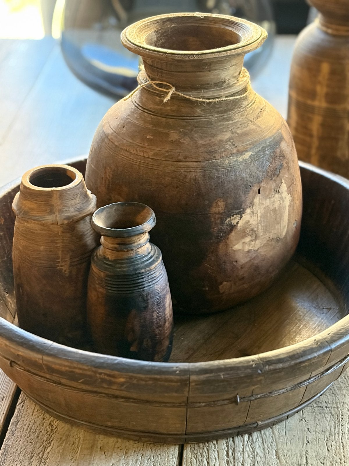 mooie houten olijfbak met nepalse kruiken, Ophalen of Verzenden, Rond, Hout