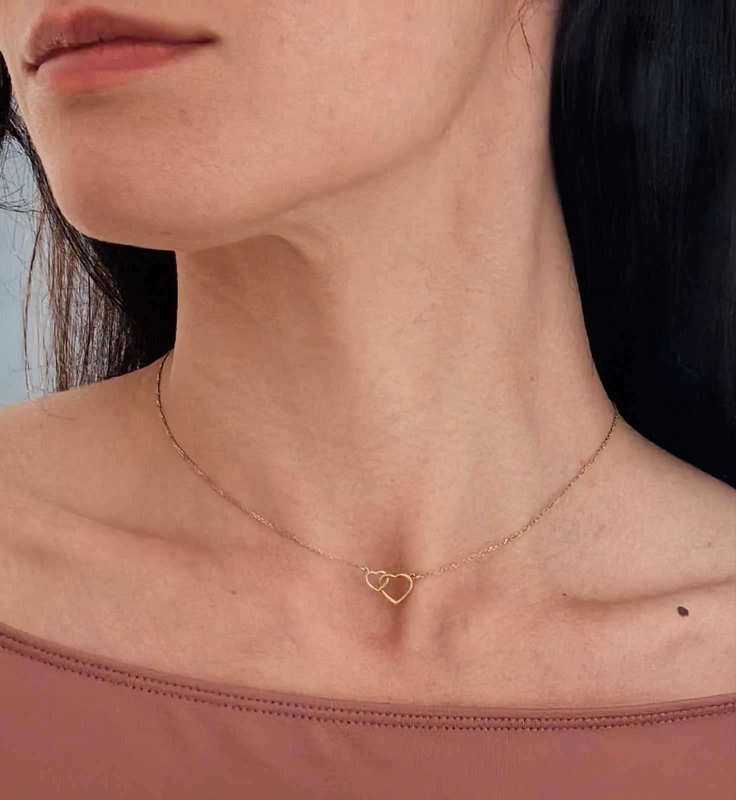 9 karat Gouden Choker Ketting met Dubbele Harten Hanger, Ophalen of Verzenden, Nieuw, Goud, Goud
