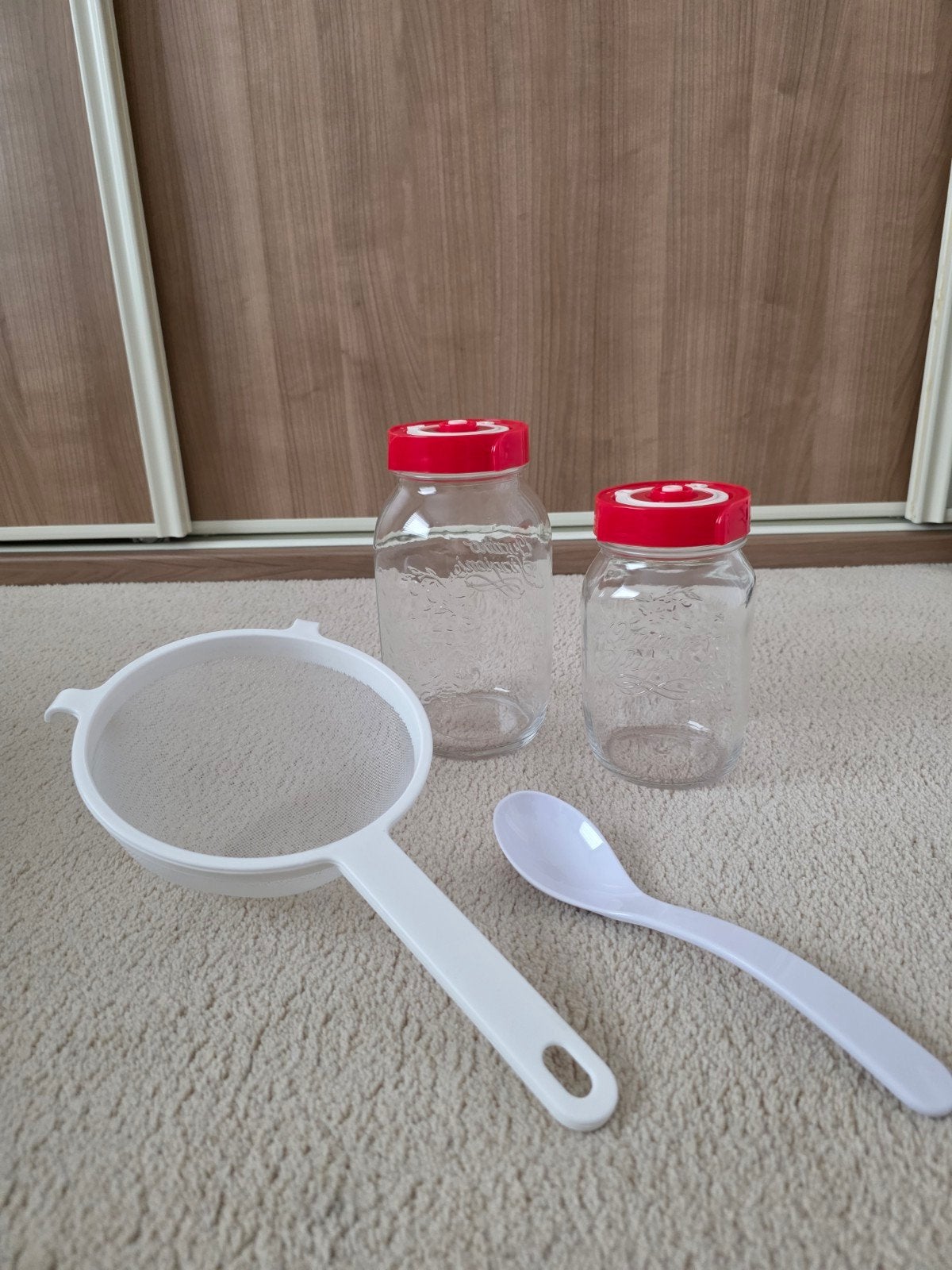 Fermenteerpotten set, met plastic zeef en lepel, Ophalen of Verzenden, Zo goed als nieuw, Rood, Glas