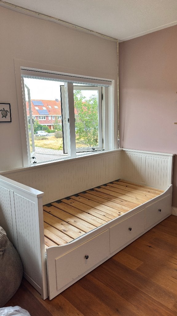 HEMNES Bedbank met 3 lades, wit (Ikea), Ophalen, Gebruikt, Wit, Tweepersoons