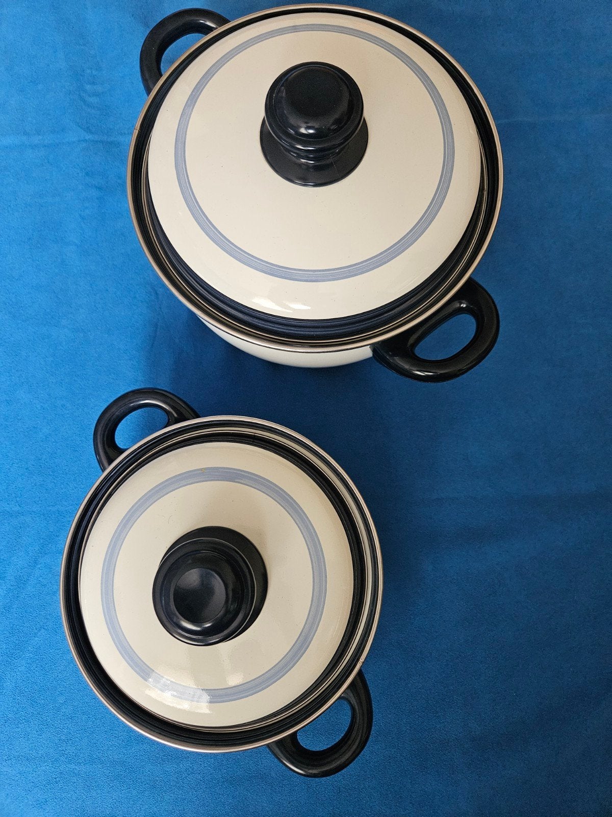 Pannenset: 2 kookpannen met deksel, wit/blauw gestreept, Ophalen, Gebruikt, Rvs, Pannenset
