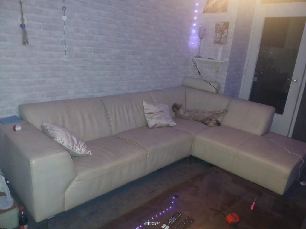 Crème Leren Hoekbank - 270x200 cm - Opknapper, Huis en Inrichting, Banken | Bankstellen, Ophalen, Gebruikt, Hoekbank, Leer