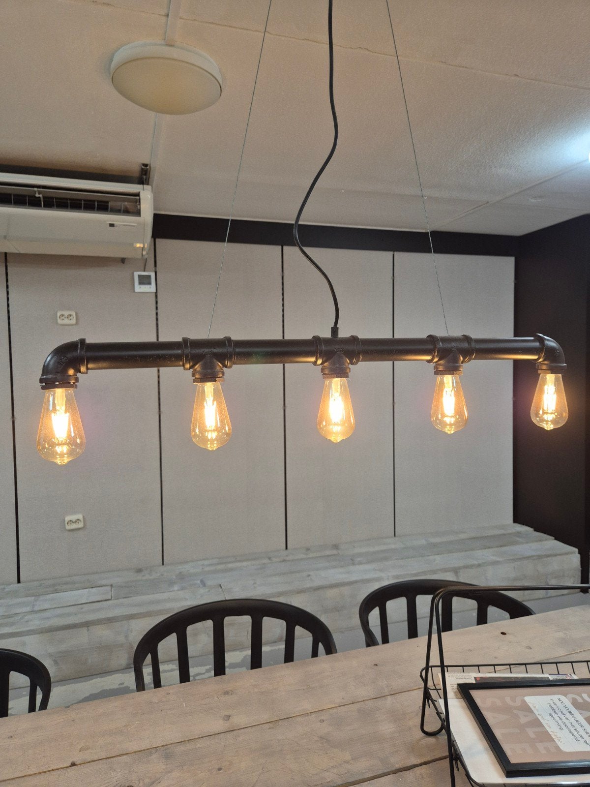 Industriële hanglamp met 5 Edison ledlampen, Ophalen, Gebruikt, E27 (groot), Metaal