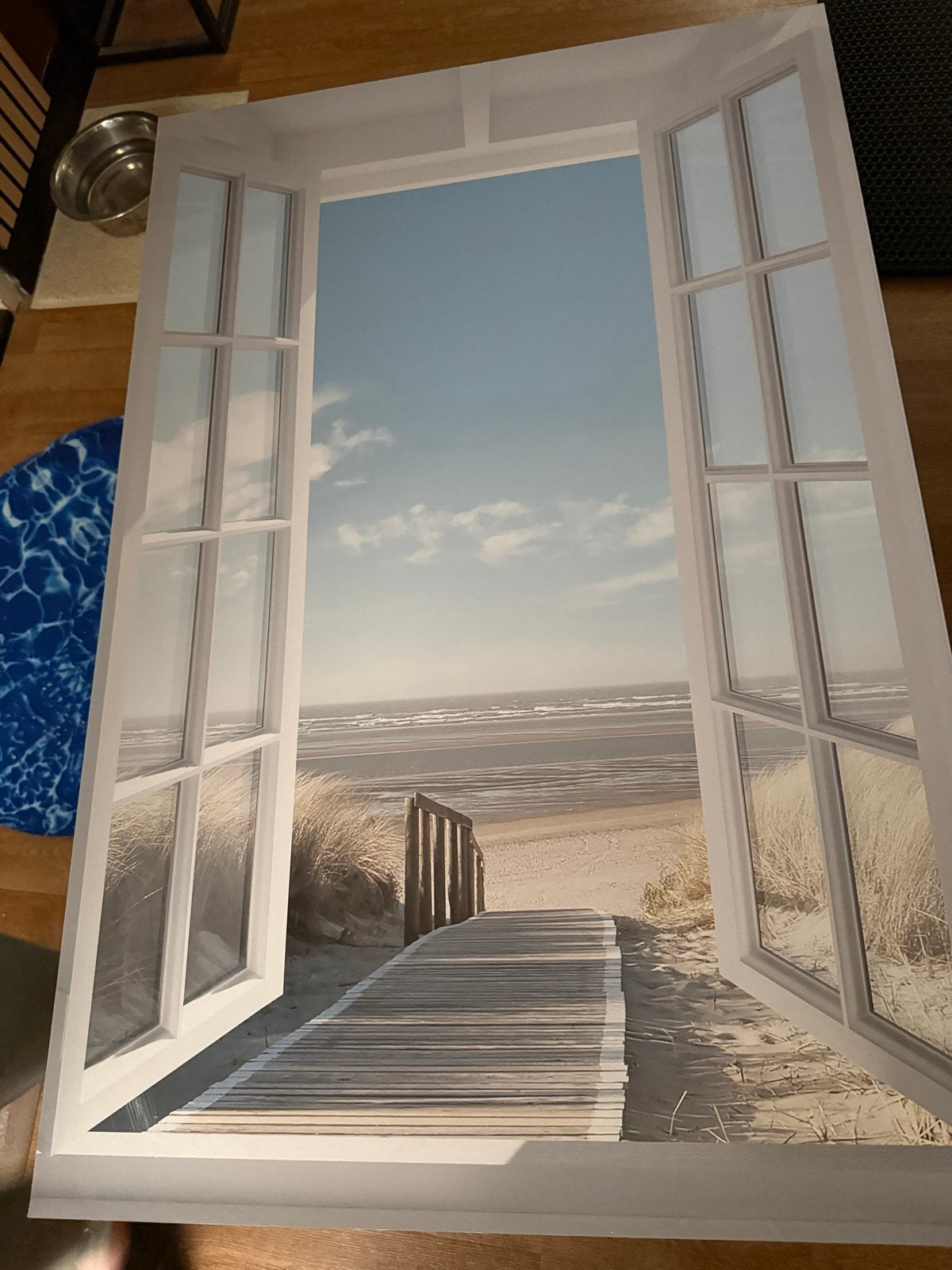 Schilderij met strandzicht en open raam effect, Ophalen of Verzenden, Zo goed als nieuw, Schilderij, 75 – 100
