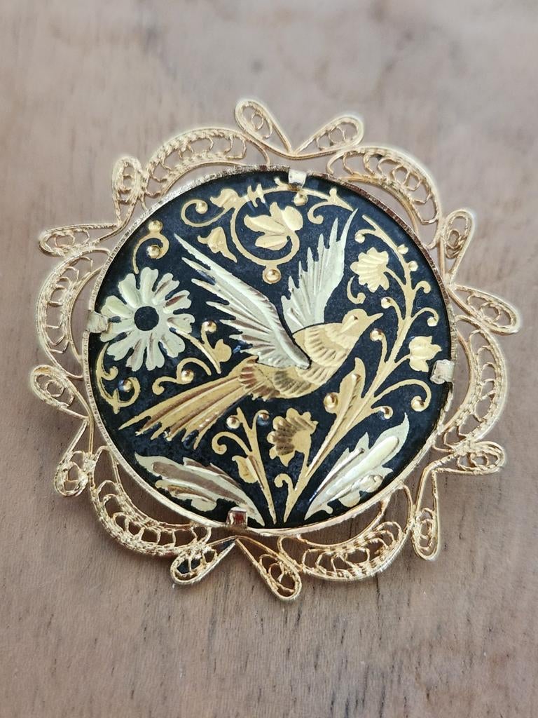 Vintage damascene broche - goud/zwart, Overige materialen, 4 tot 7 cm, Zwart, Ophalen of Verzenden