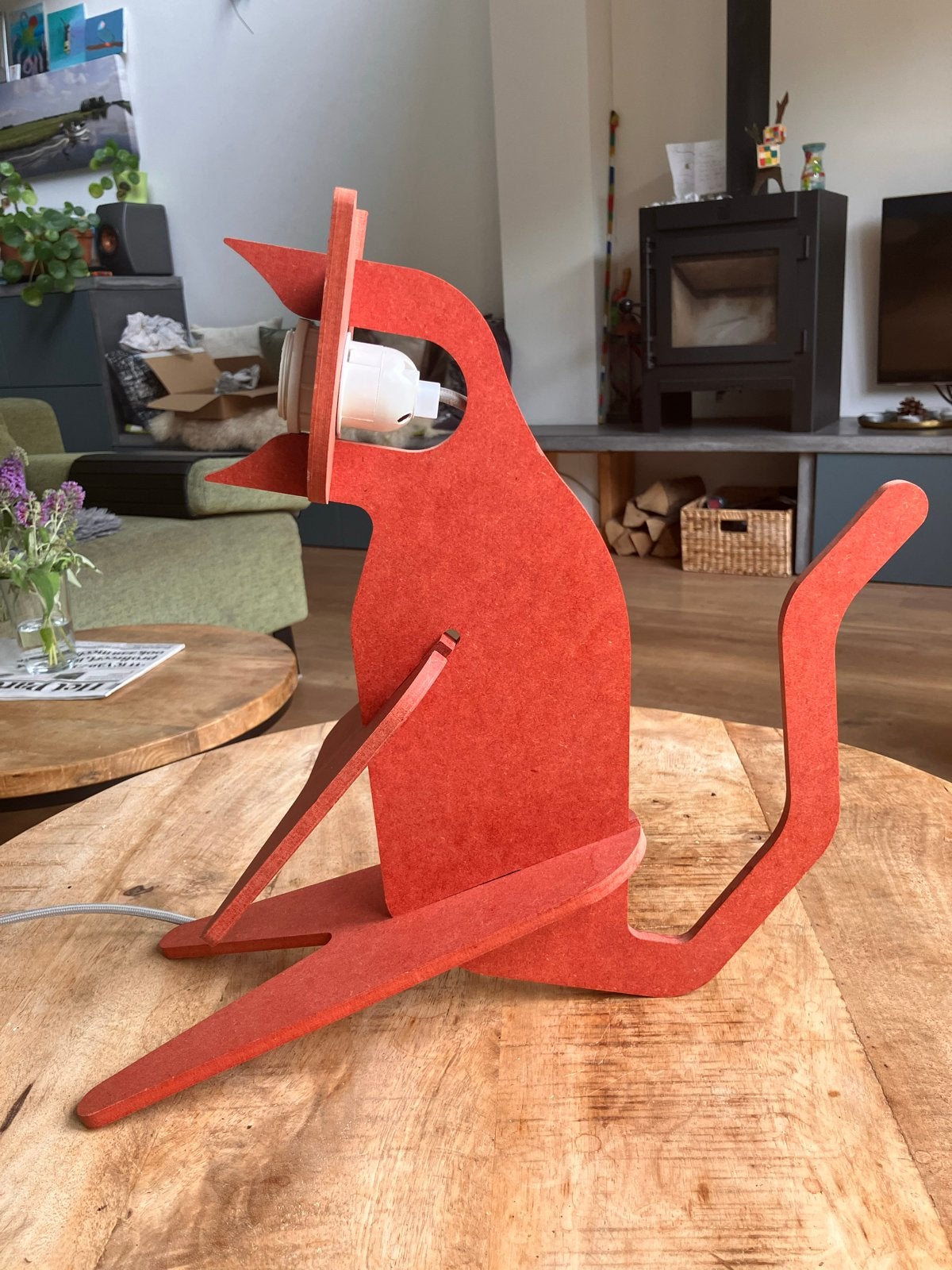 Leuke rode kattenlamp met schakelaar, Met schakelaar, Gebruikt, Hout, Rood
