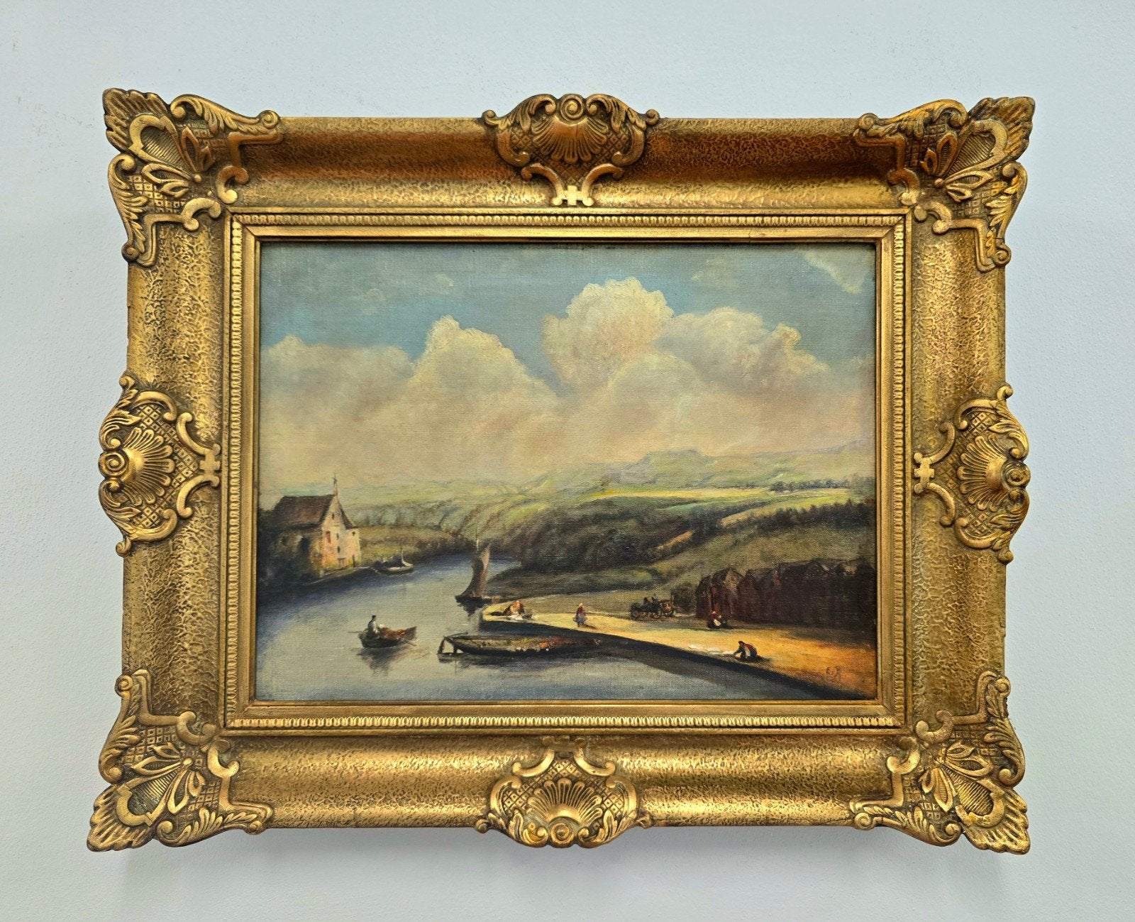 FRANS OLIEVERFSCHILDERIJ gesigneerd E.B. 19de eeuw landschap, Ophalen of Verzenden, Bijzondere lijst, Olieverf, Landschap