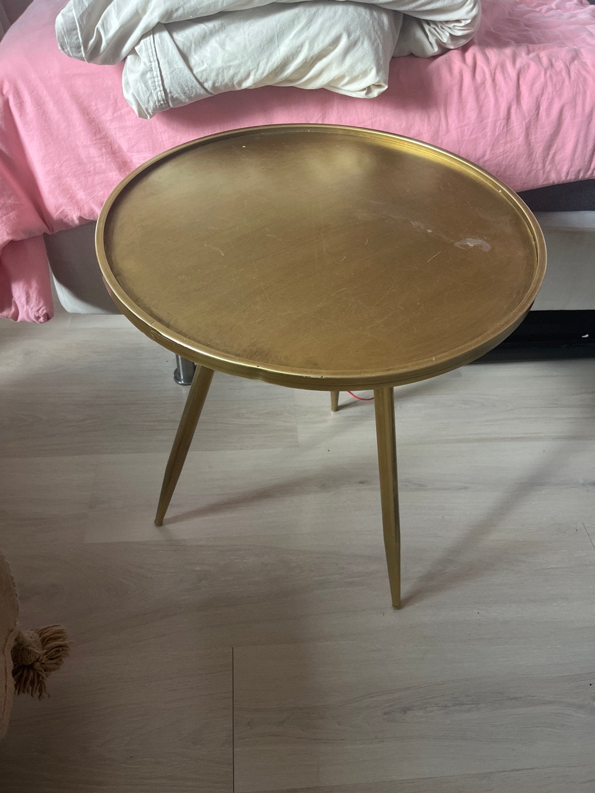 Gouden Bijzettafel - Rond Metaal Design, Huis en Inrichting, Tafels | Bijzettafels, Minder dan 55 cm, Gebruikt, Metaal of Aluminium
