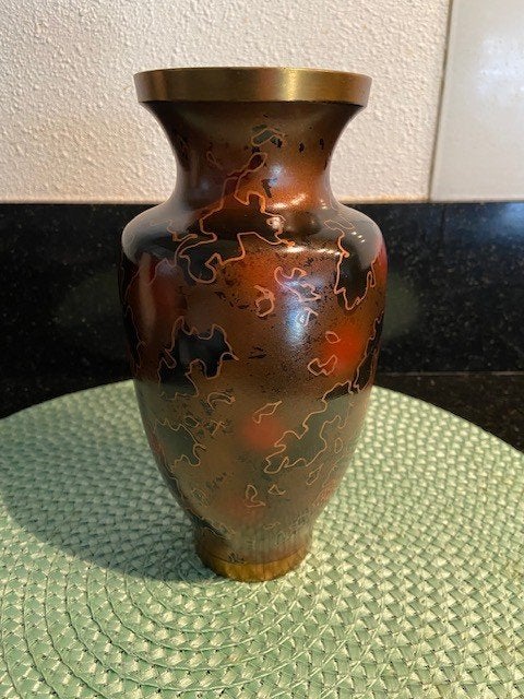 Vintage messing keramiek Japans gelakte baluster vaas, Ophalen of Verzenden