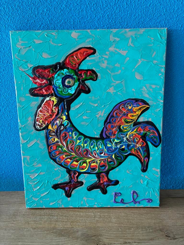 Peko haan schilderij blauw, Ophalen