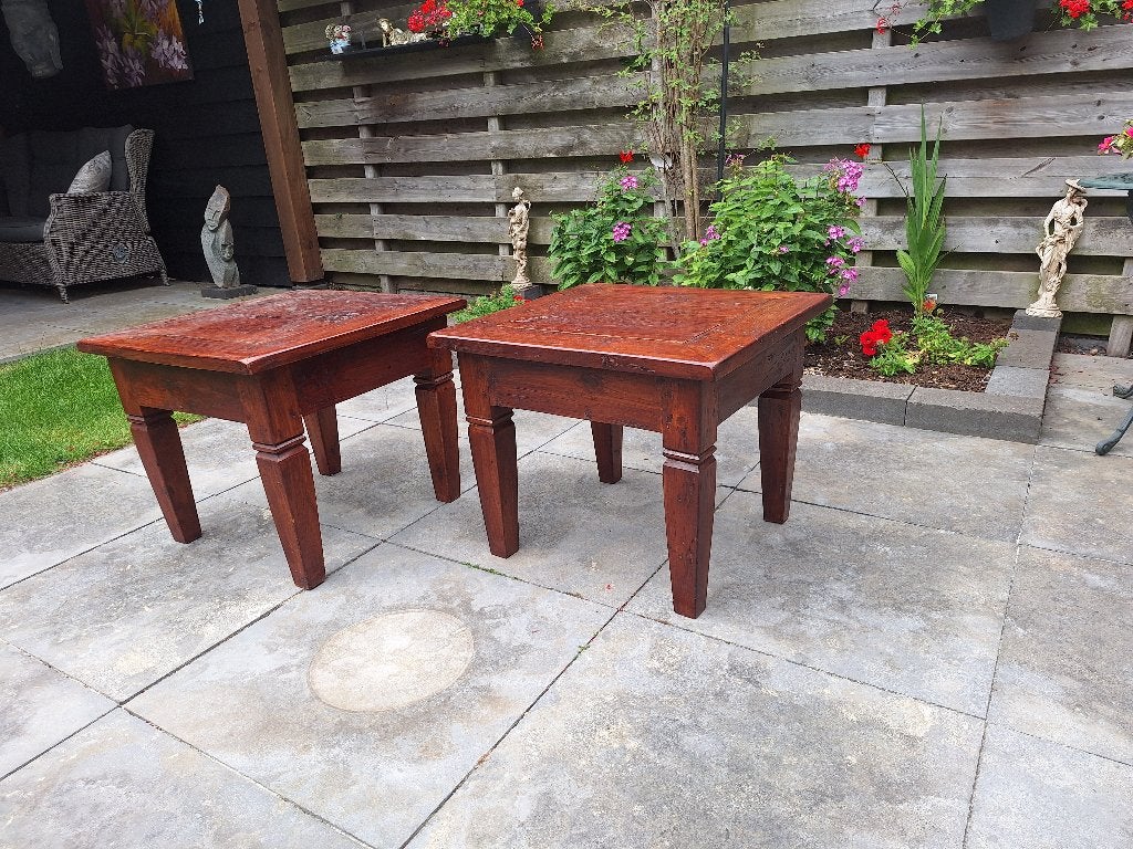Salontafels teak 2x 60x60 cm., Ophalen, Gebruikt, 50 tot 100 cm, 50 tot 100 cm