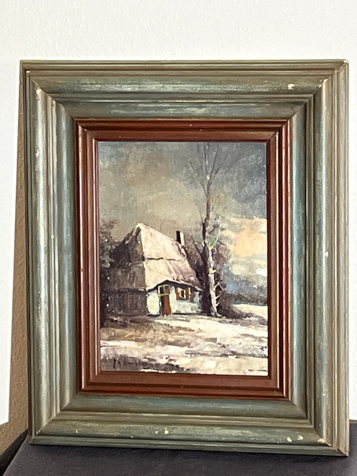 Schilderij Winterlandschap met huis, Antiek en Kunst, Doek, Realistisch, Ophalen of Verzenden, Gesigneerd